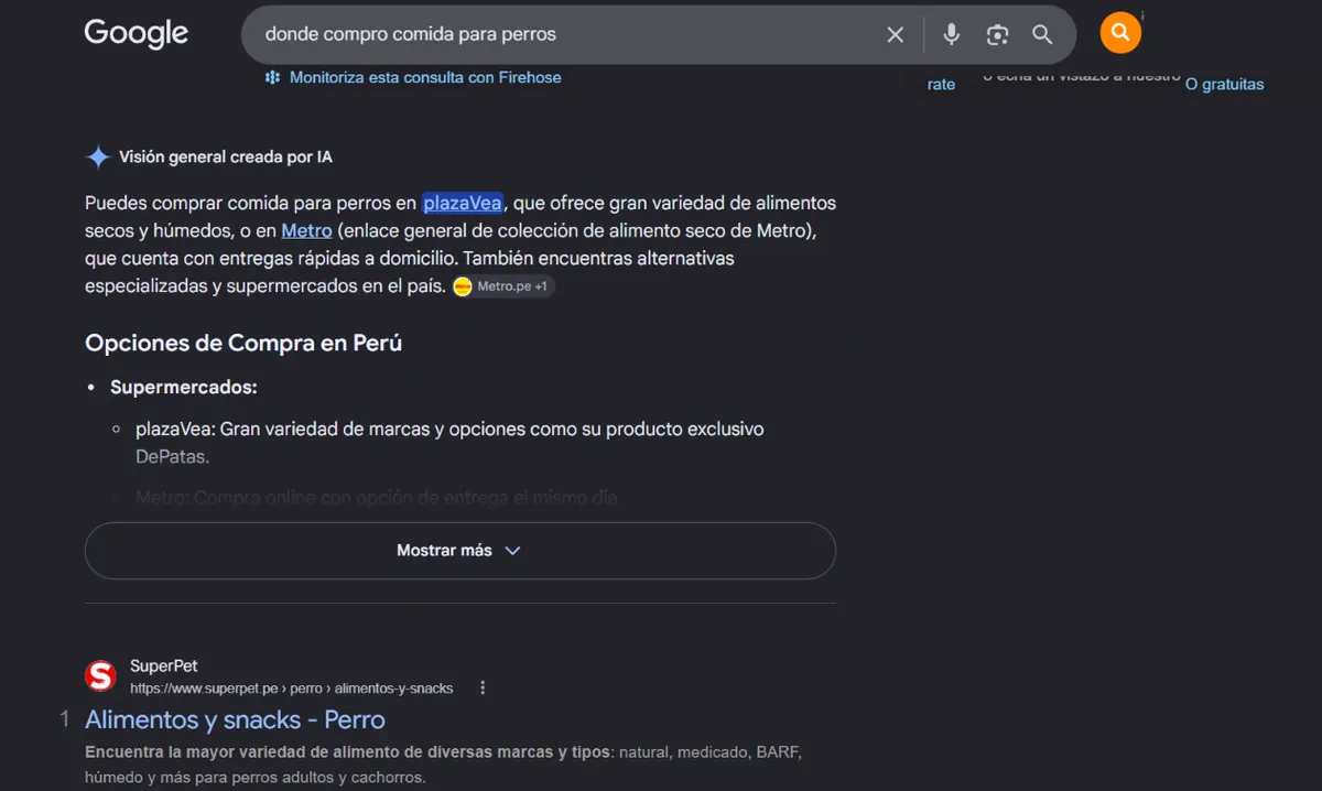 Resultado de Google mostrando una visión general creada por IA y resultados orgánicos