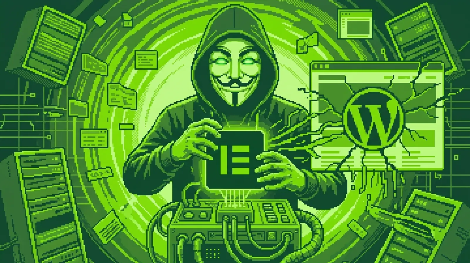 Ilustración pixel art de un hacker encapuchado sosteniendo el ícono de Elementor frente al logo de WordPress agrietado, representando la explotación de una vulnerabilidad crítica en el plugin