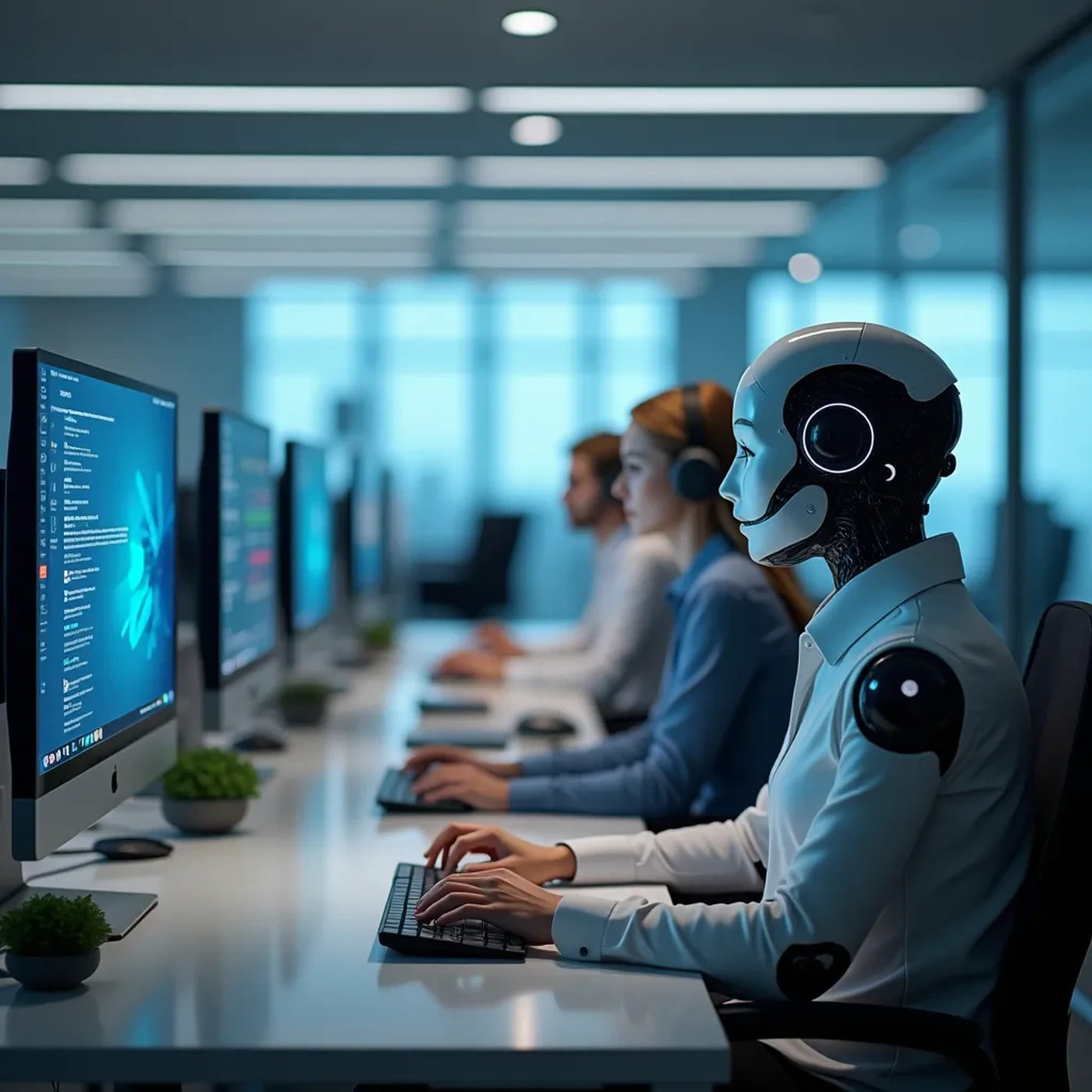 Centro de atención al cliente donde un agente de inteligencia artificial trabaja junto a personas del equipo de soporte