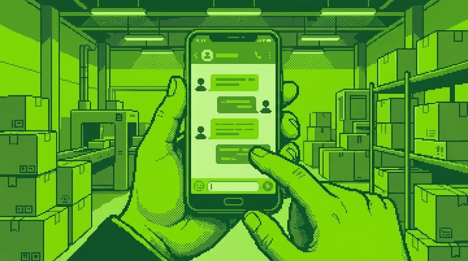 Primer plano de dos manos sosteniendo un teléfono con una conversación de mensajería abierta, con un almacén de fondo