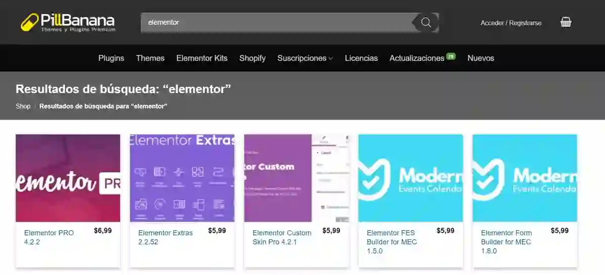Tienda online que vende versiones “nulled” de plugins premium de WordPress, incluyendo Elementor PRO, a precios muy por debajo del oficial