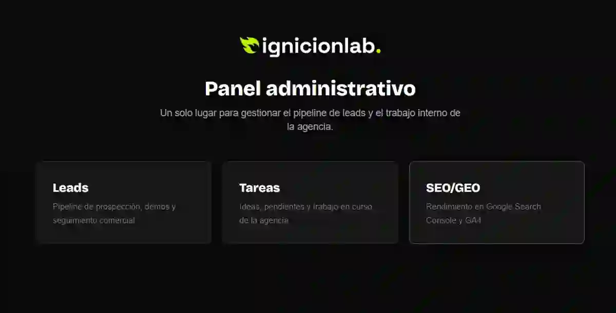 Panel interno de Ignicionlab con cuatro módulos: Leads, Tareas, SEO/GEO y Admin, cada uno con su ícono y descripción