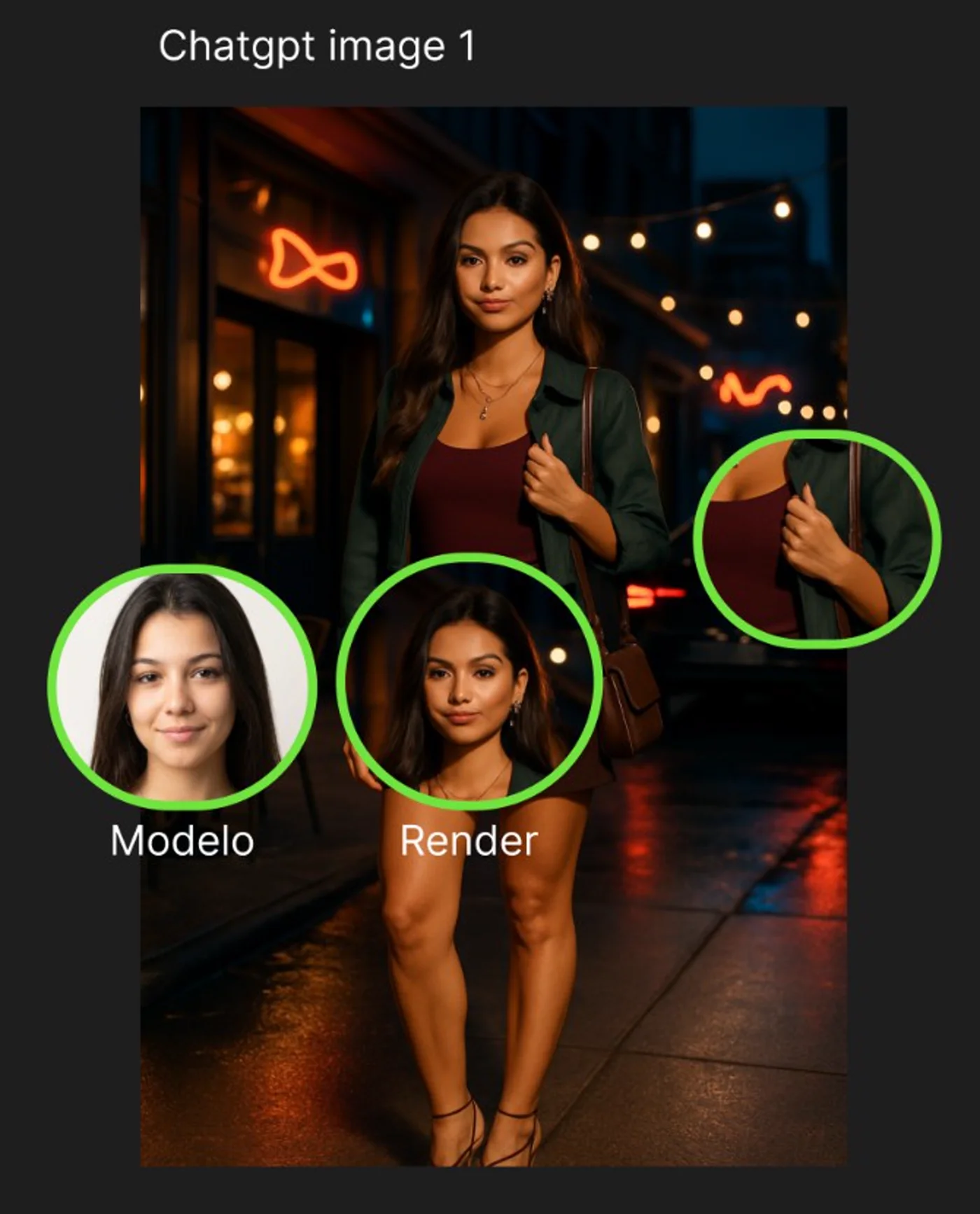 Comparación entre la foto real de referencia de la modelo y el resultado generado con GPT Image 1 en una escena nocturna de calle, con detalle ampliado de la mano y la ropa