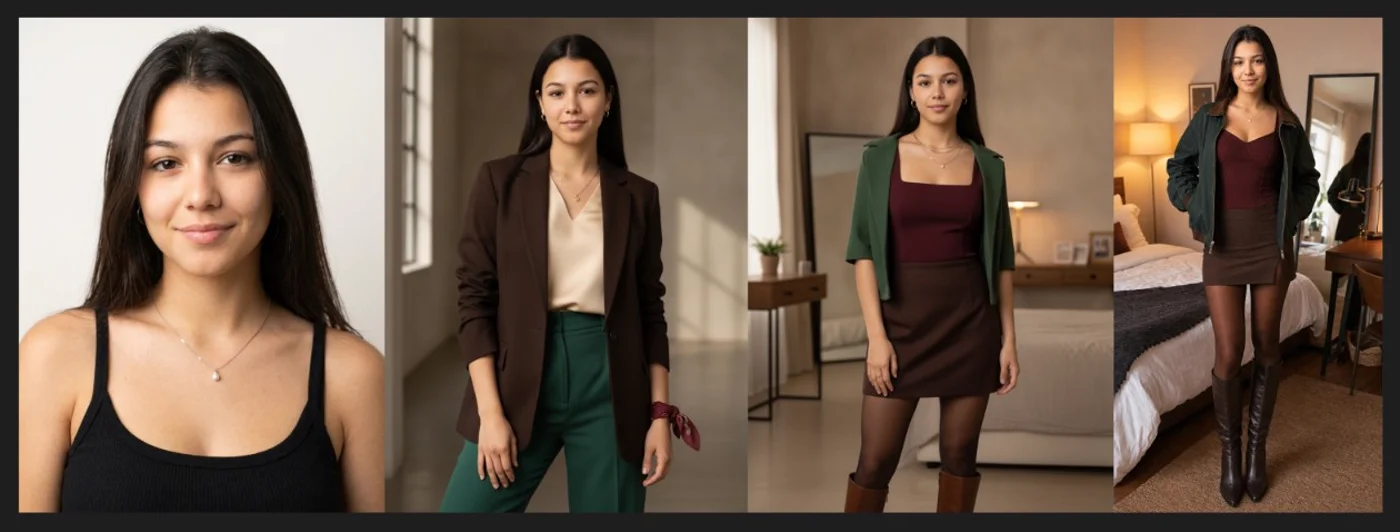Cuatro fotos generadas de la misma modelo: retrato, look profesional, look casual con blazer verde y look de calle con botas altas