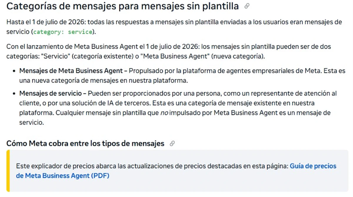 Documentación de Meta explicando las categorías de mensajes sin plantilla y el lanzamiento de Meta Business Agent