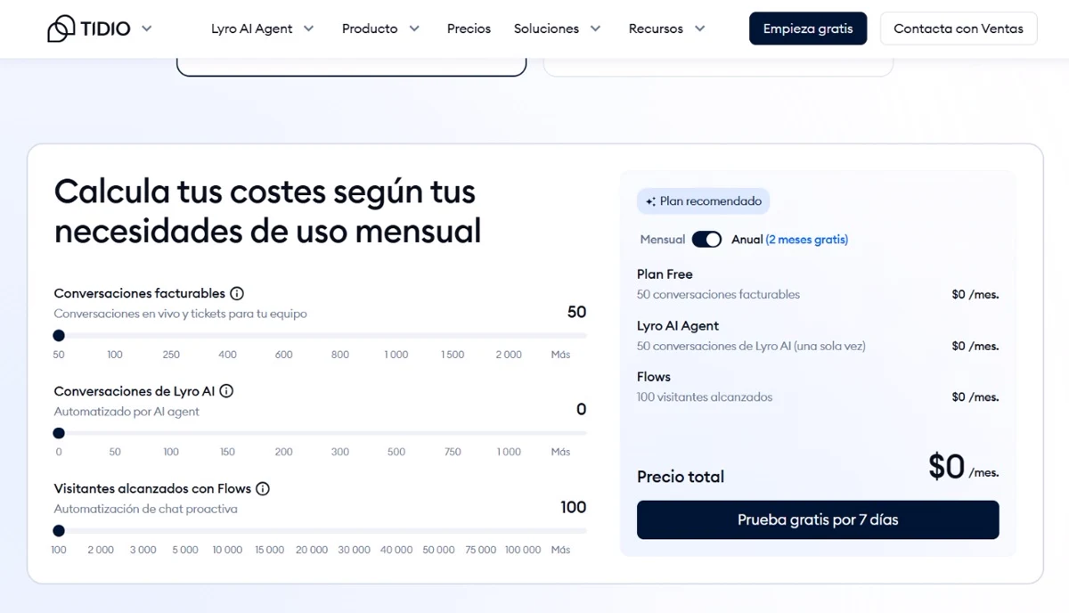 Calculadora de precios de Tidio con tres medidores independientes: conversaciones facturables, conversaciones de Lyro AI y visitantes alcanzados con Flows