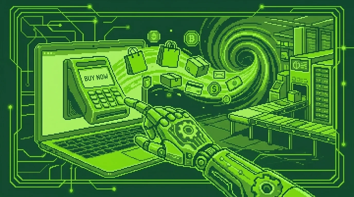 Brazo robótico completando un pago en una terminal, ilustrando el checkout agéntico con IA