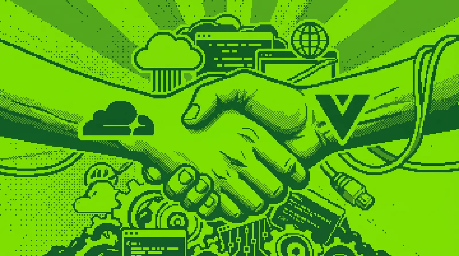 Manos representando a Cloudflare y Vercel estrechándose, simbolizando la combinación de ambas plataformas en una misma arquitectura