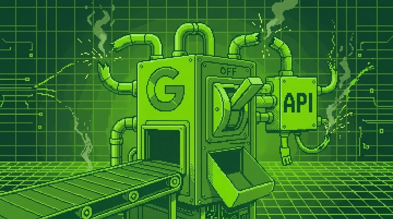 Máquina industrial con el logo de Google apagando una conexión API, ilustrando el retiro del Content API for Shopping