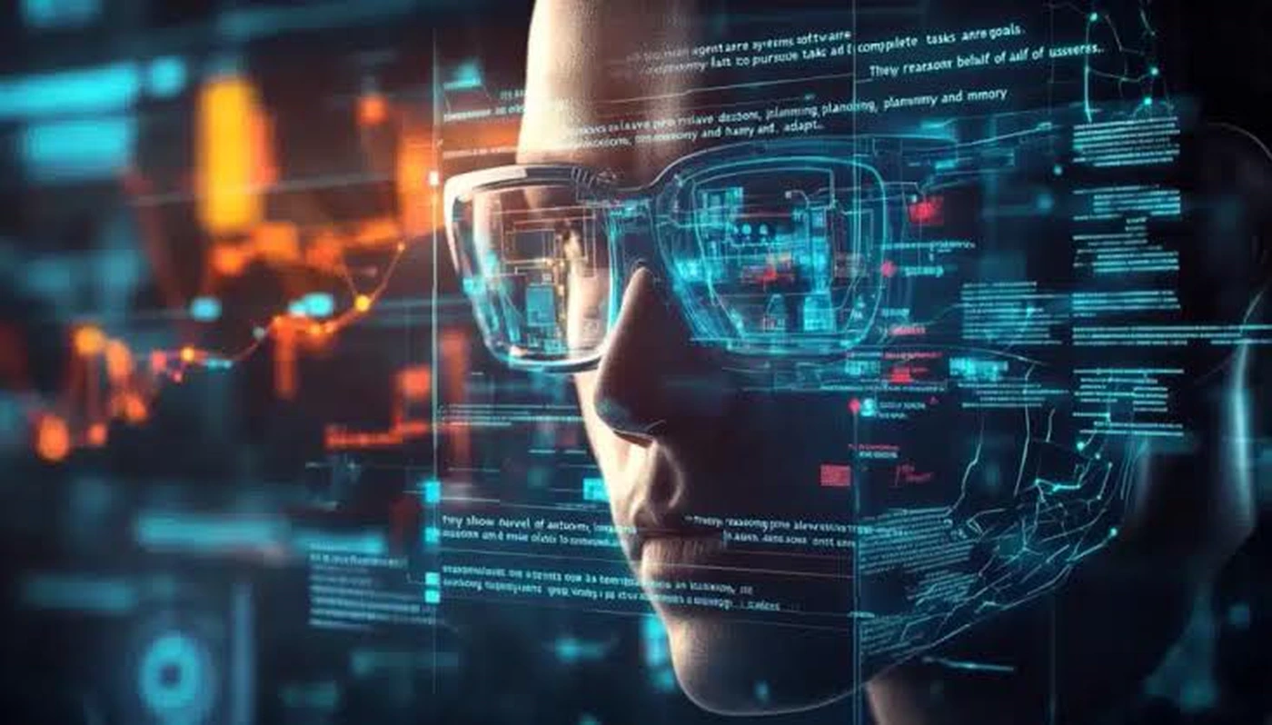 Rostro de perfil rodeado de datos, gráficos y diagnósticos técnicos proyectados en pantalla