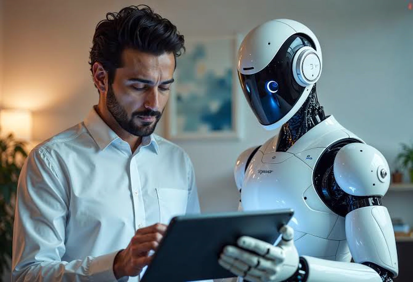 Una persona revisando junto a un robot humanoide la información de un cliente en una tablet