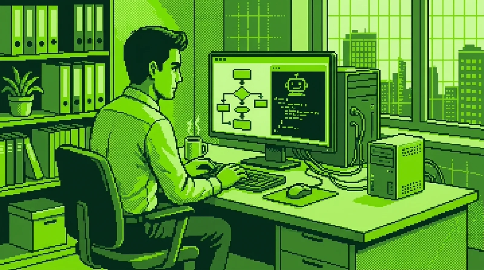 Equipo de oficina configurando en sus computadoras un agente de IA para atención al cliente