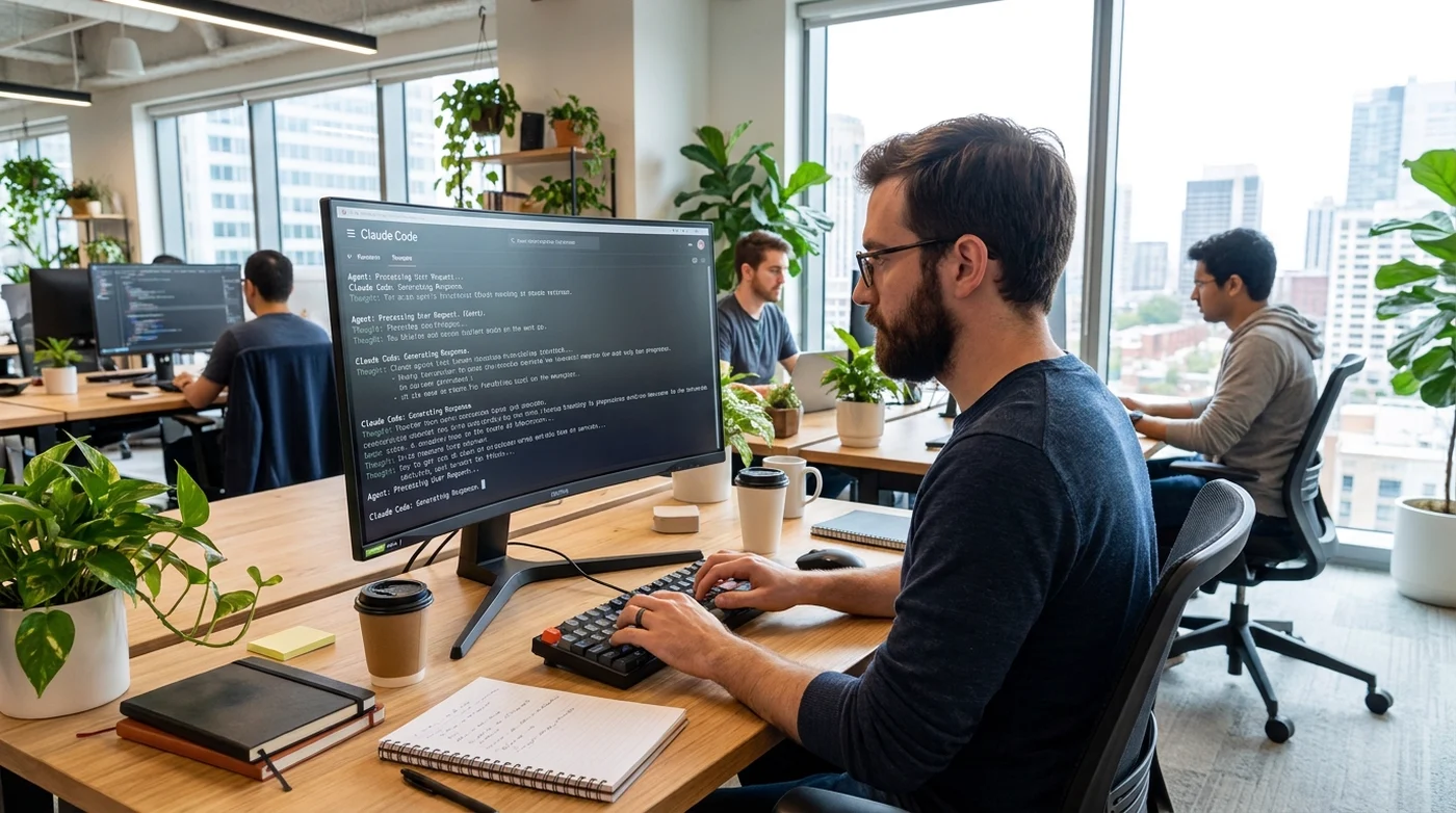 Programador revisando en pantalla el registro de conversaciones de un agente de IA en una oficina