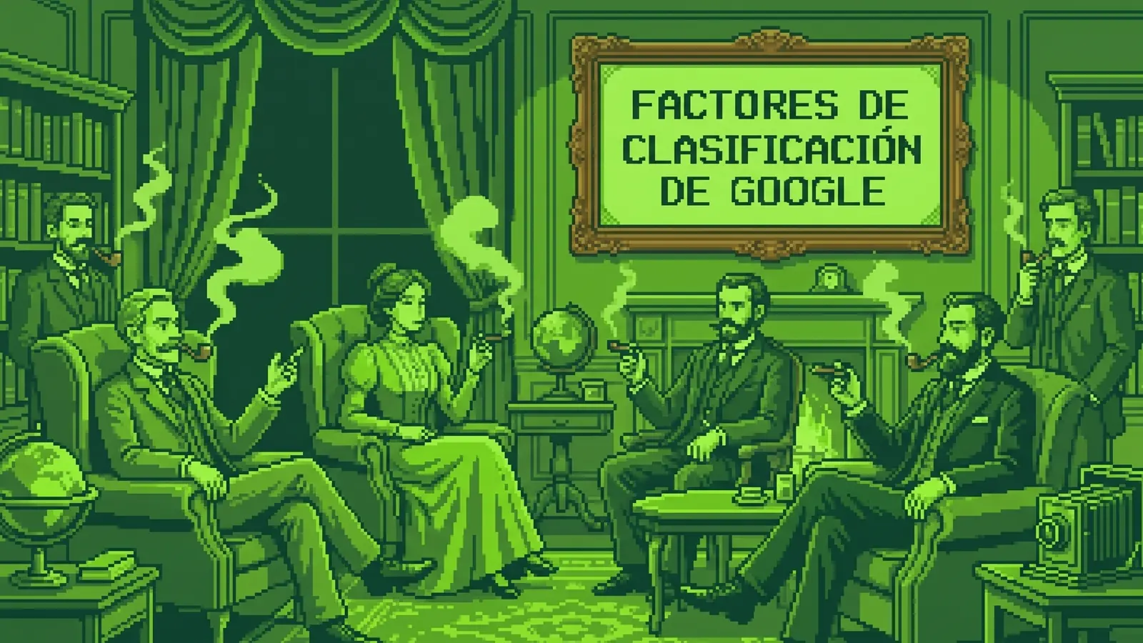 Grupo de expertos discutiendo los factores de clasificación de Google en un salón de estilo clásico