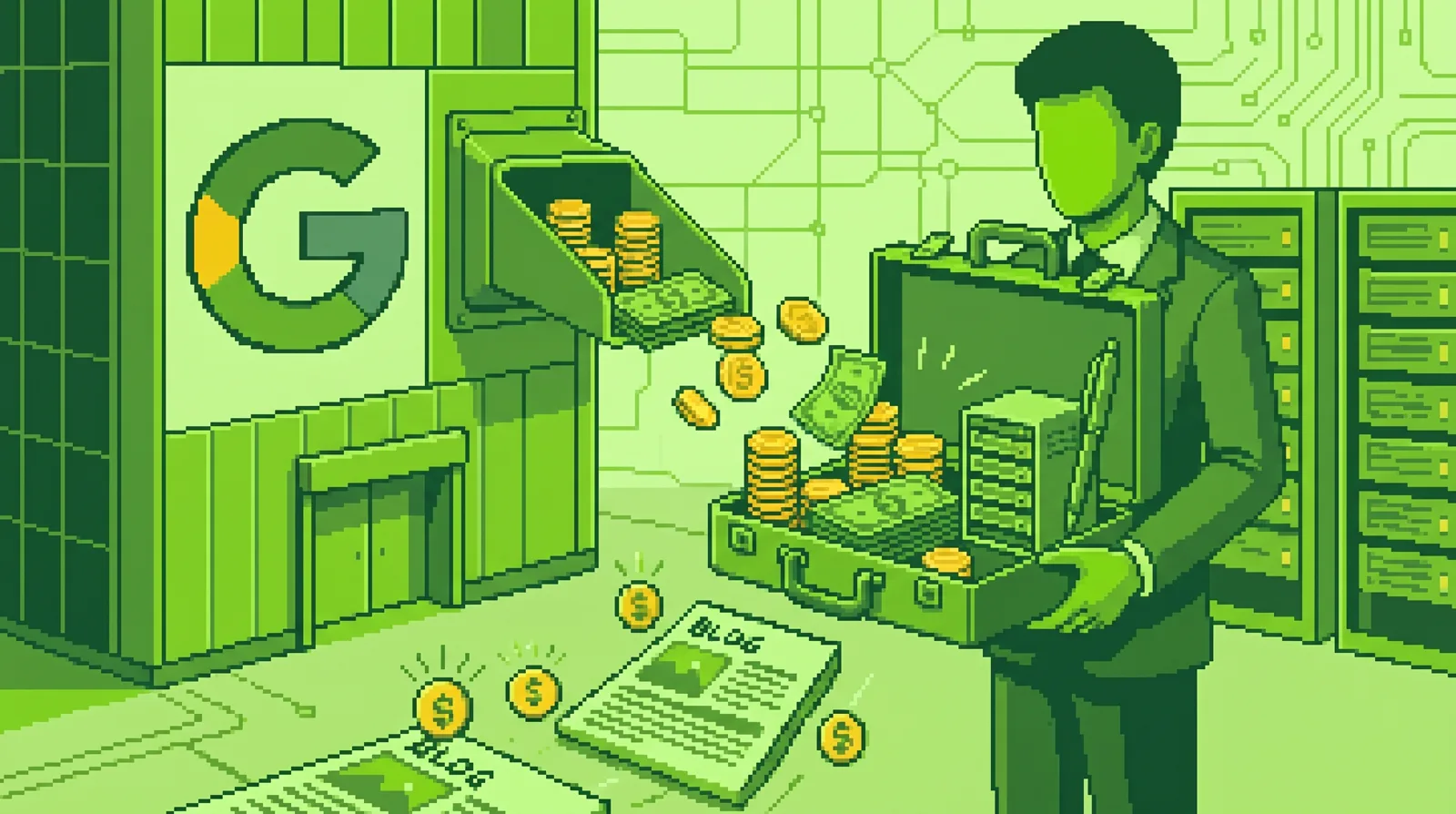 Editor junto al logotipo de Google, monedas, billetes y gráficos que representan pagos por contribuciones de contenido a la inteligencia artificial