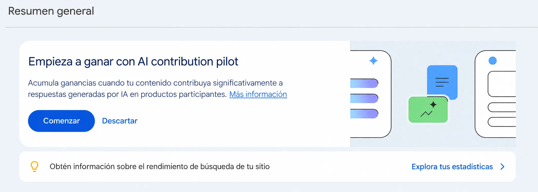 Banner de AI Contribution en el Resumen general de Google Search Console, con el mensaje “Empieza a ganar con AI contribution pilot” y el botón “Comenzar”