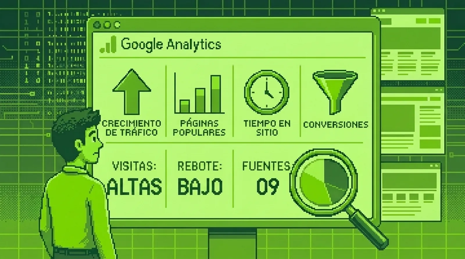 Ilustración de un panel de Google Analytics con métricas de crecimiento de tráfico, páginas populares, tiempo en sitio y conversiones, observado por el dueño de un negocio