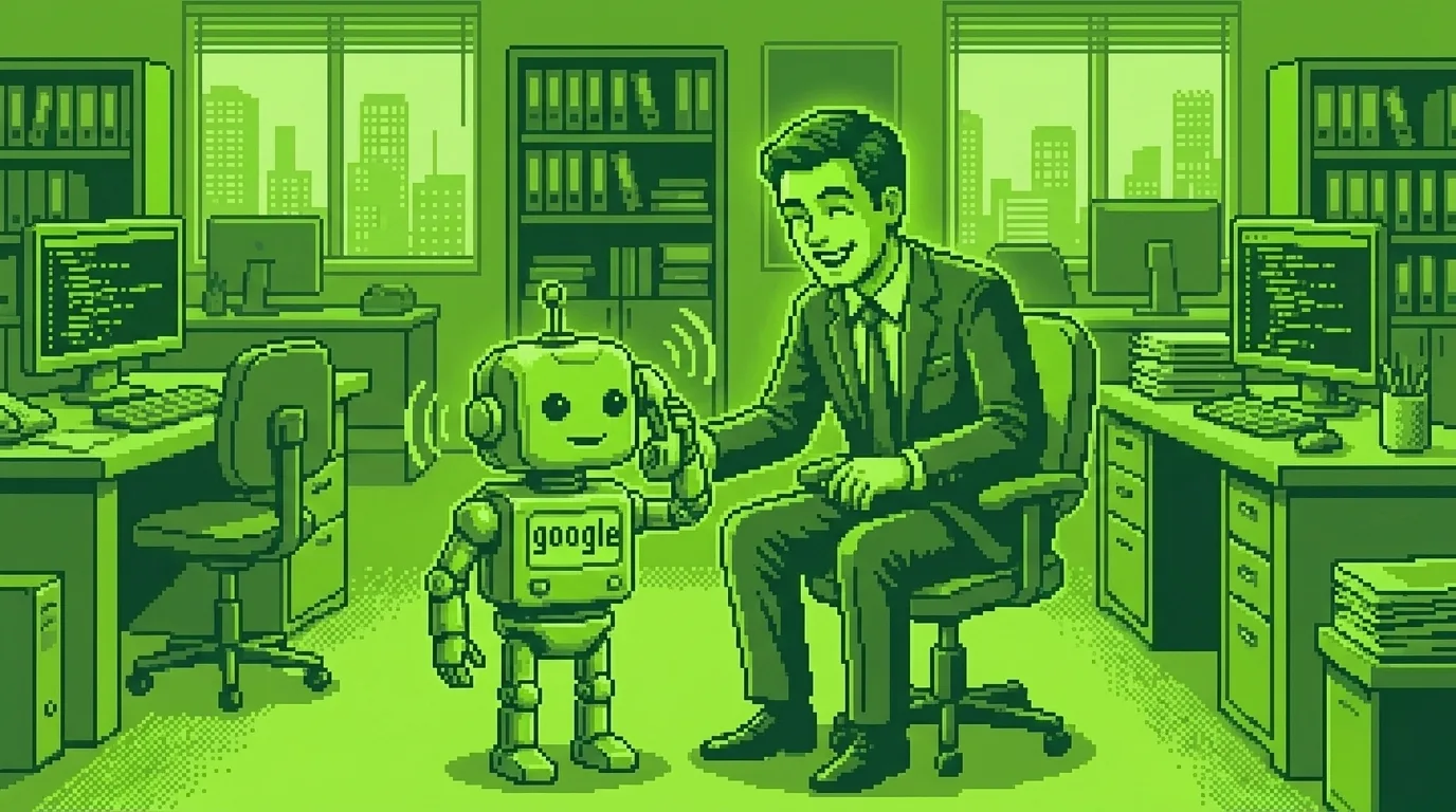 Empresario en su oficina atendiendo a un robot con la etiqueta Google que hace una llamada telefónica, ilustrando las llamadas de IA de Google a negocios locales