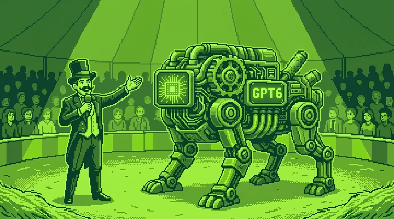 Presentador de circo mostrando al público una bestia robótica con la etiqueta GPT6, ilustrando el lanzamiento del nuevo modelo de OpenAI