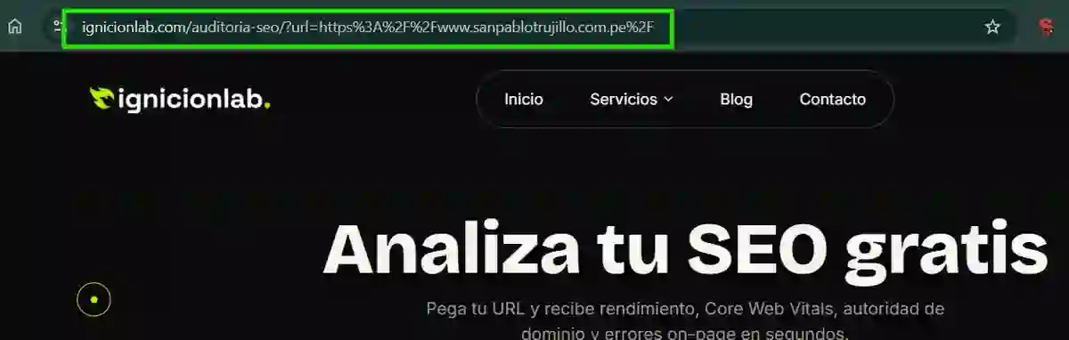 Barra de direcciones del navegador resaltando la URL ignicionlab.com/auditoria-seo/ con el parámetro ?url= usado solo para precargar el formulario