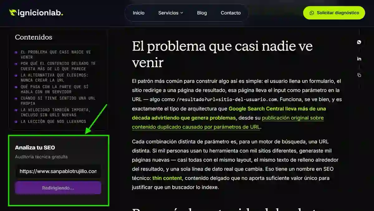 Widget de auditoría SEO en el sidebar de un artículo del blog con el botón en estado “Redirigiendo…” antes de llevar a la página única de resultados