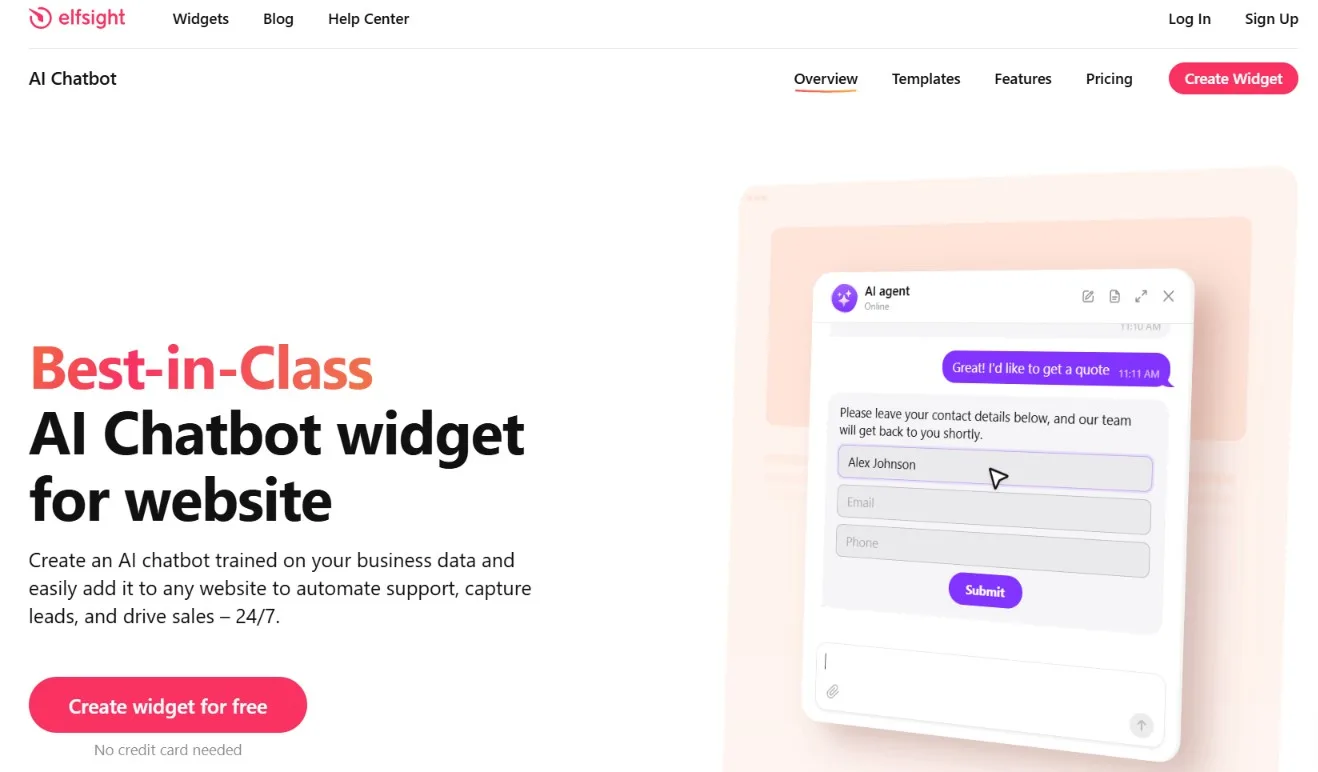Pantalla del sitio de Elfsight presentando su widget de chatbot de IA para sitio web, con el llamado a crear un chatbot gratis sin tarjeta de crédito y una conversación de ejemplo de atención al cliente automatizada