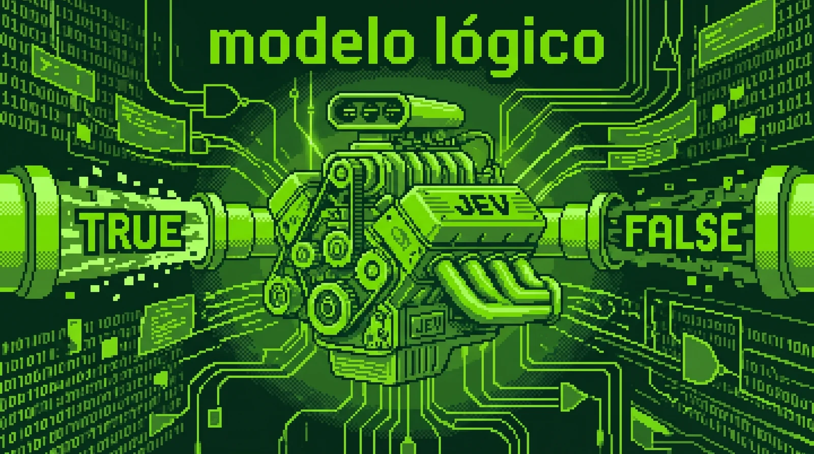 Motor con la etiqueta JEV conectado a dos salidas, TRUE y FALSE, bajo el título modelo lógico, ilustrando un modelo de IA que devuelve decisiones