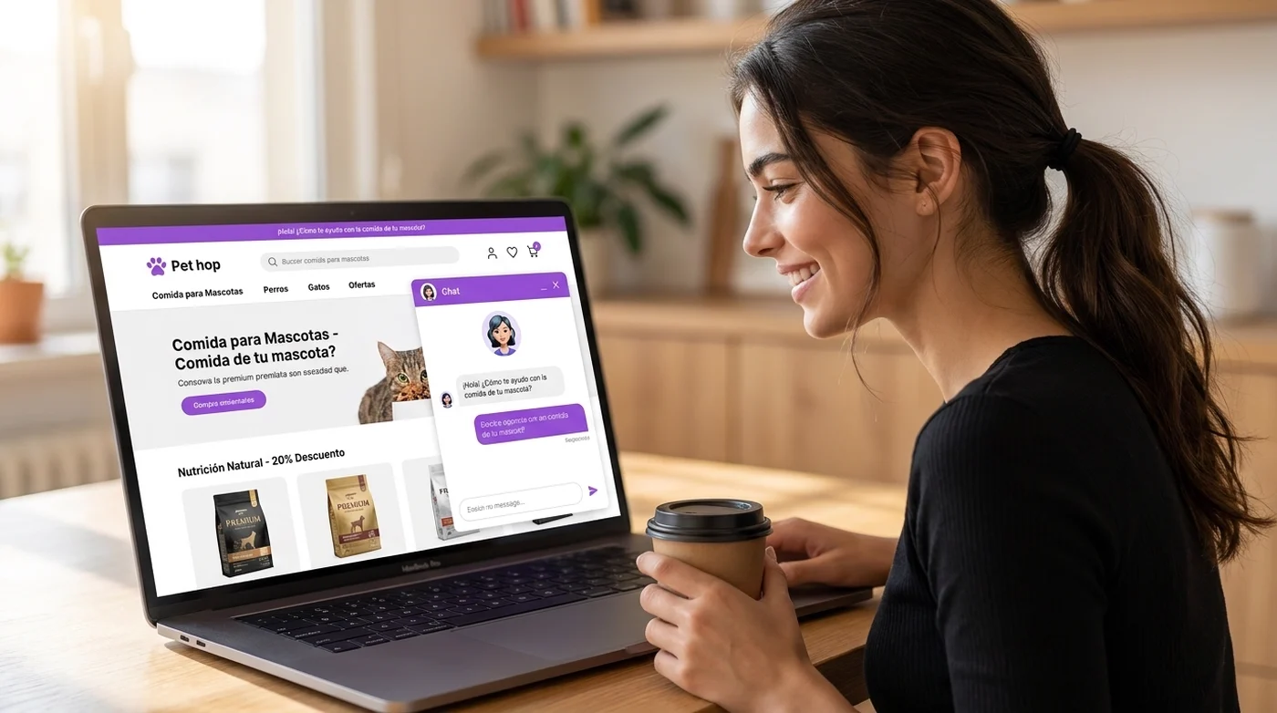 Una clienta sonriendo mientras conversa con el asistente de una tienda online desde su laptop