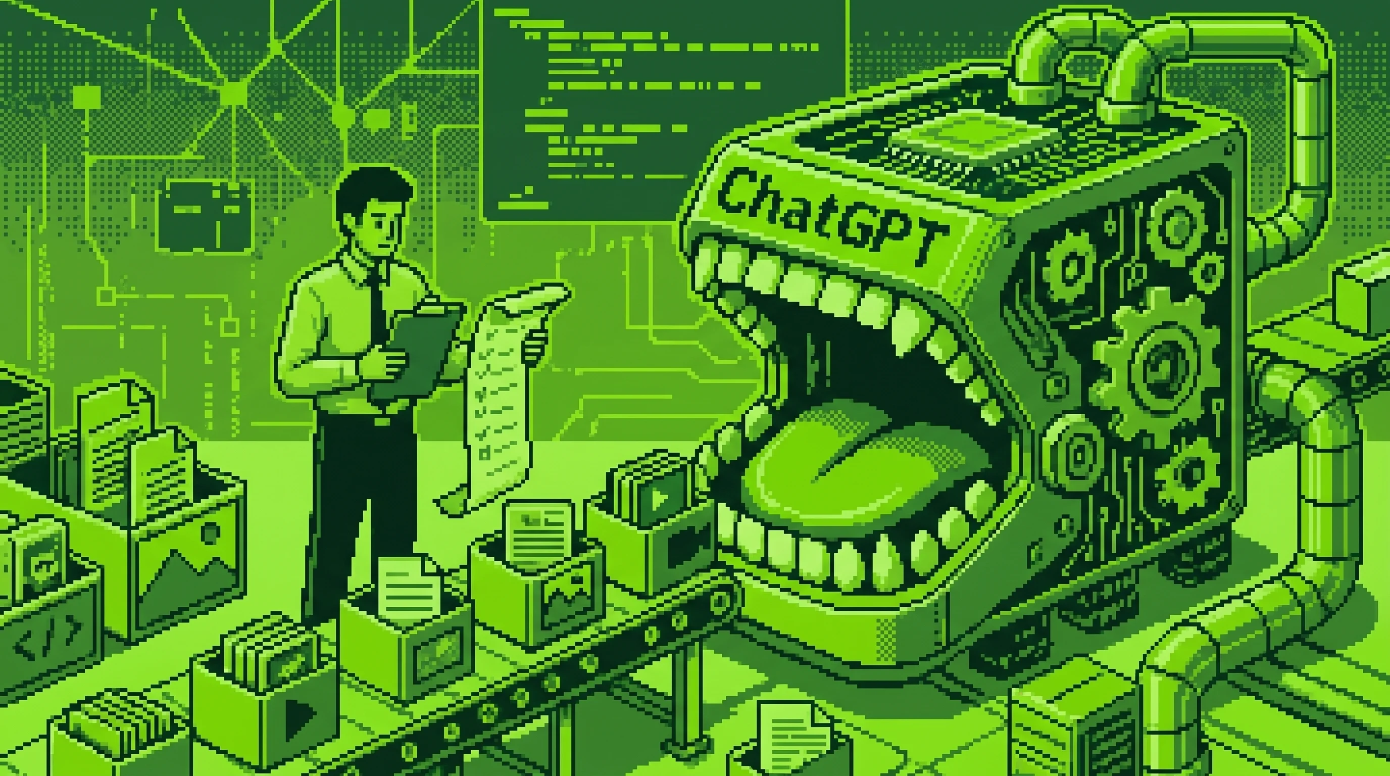 Ilustración pixel art de una persona con un checklist de contenido frente a una máquina gigante con la etiqueta ChatGPT devorando cajas de contenido en una cinta transportadora