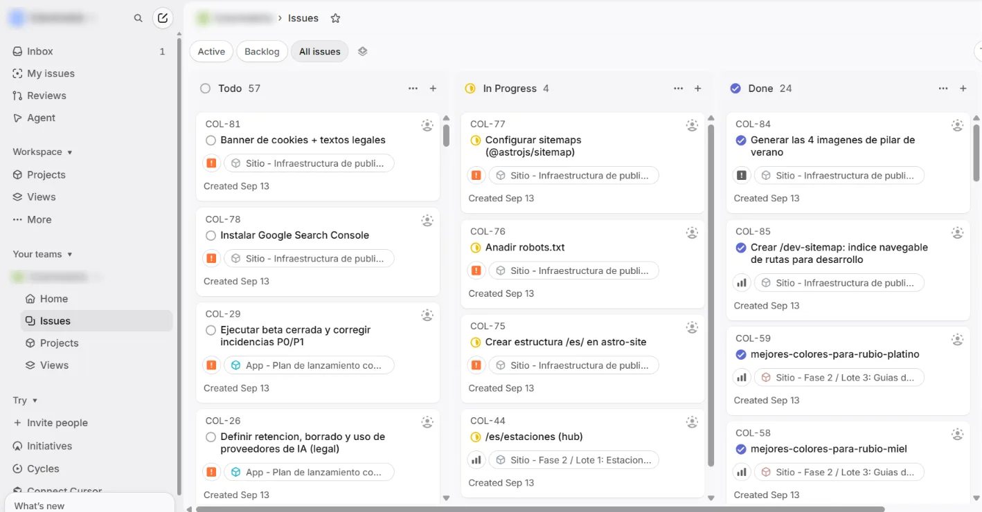 Tablero de Linear con tareas organizadas por estado para conservar la memoria compartida de un proyecto coordinado por agentes de IA