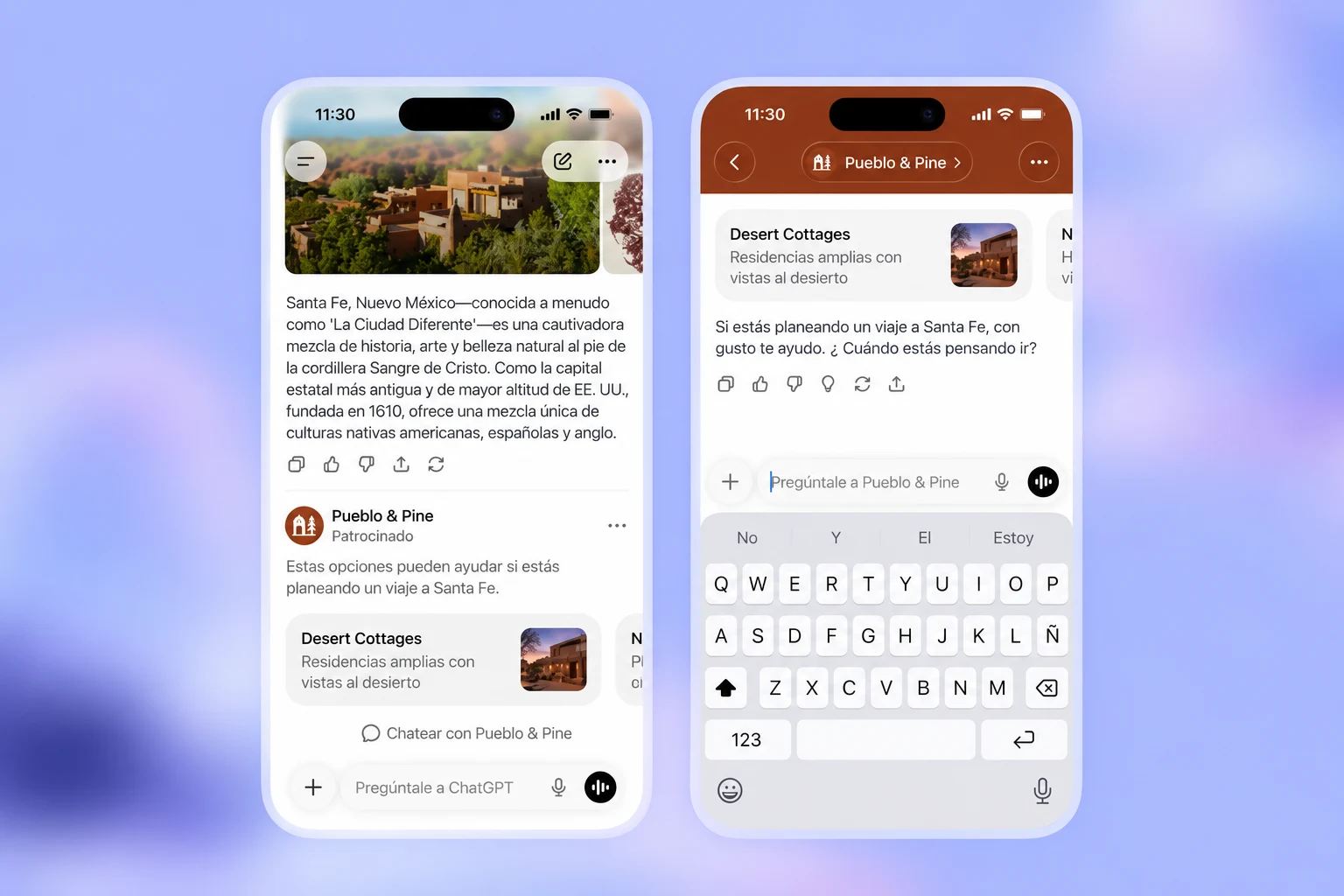 Dos capturas de pantalla de un iPhone muestran una conversación de ChatGPT sobre viajar a Santa Fe con un anuncio patrocinado nativo de Pueblo & Pine integrado entre las respuestas