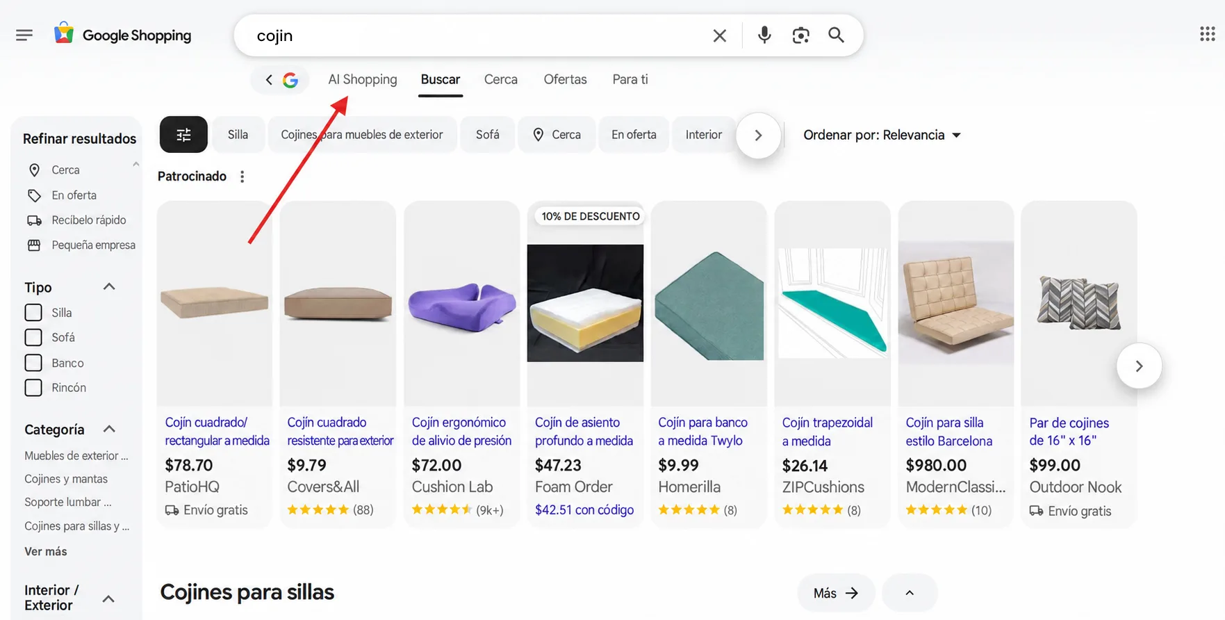 Pestaña AI Shopping de Google junto a Buscar, Cerca y Ofertas en la interfaz de resultados de compras