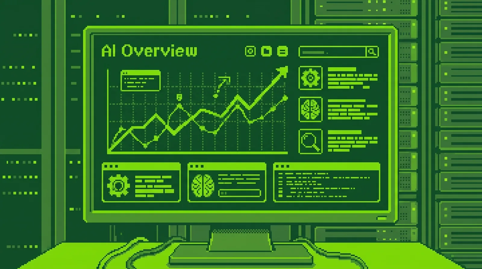 Panel pixel art de AI Overviews con una gráfica ascendente de posiciones y métricas de búsqueda