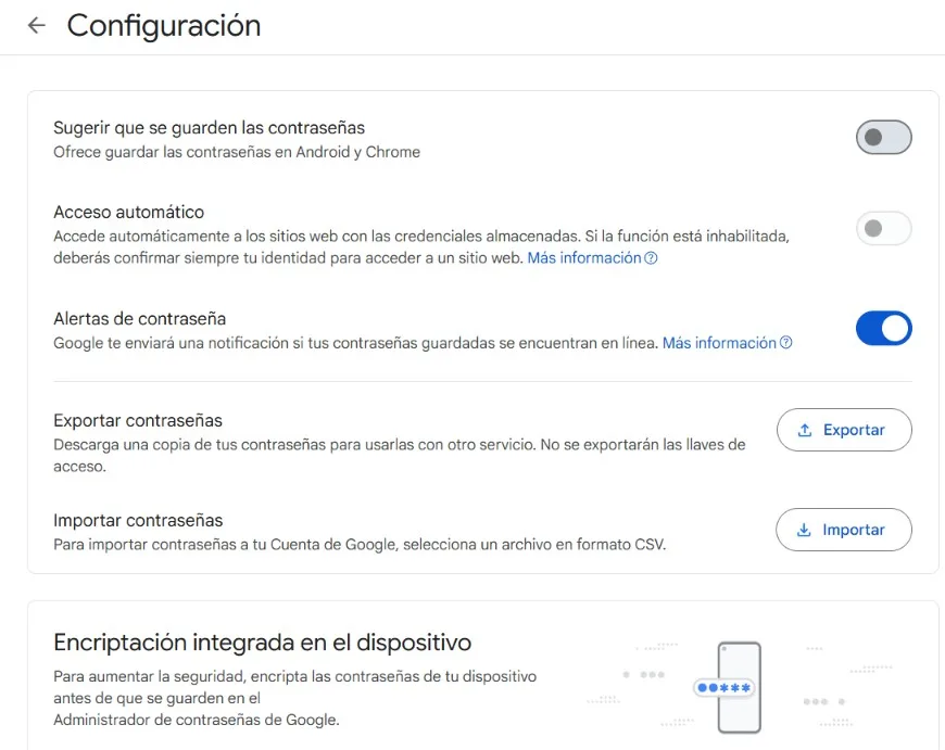 Configuración de contraseñas de Google: desactivar el guardado automático