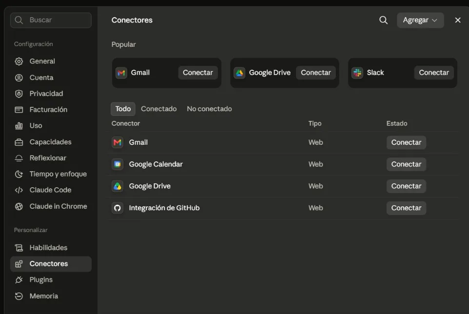 Panel de conectores de Claude: conecta solo cuentas sin datos sensibles