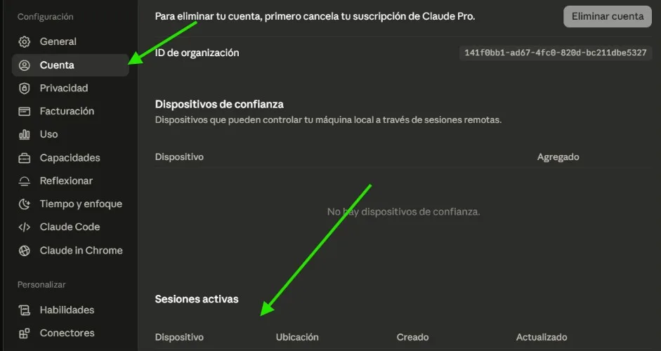 Sección “Cuenta” de Claude: dispositivos de confianza y sesiones activas