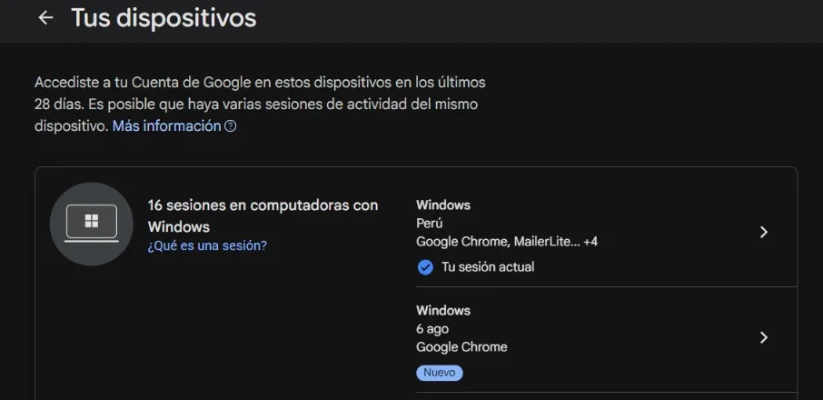 Sección “Tus dispositivos” de Google, donde se listan las sesiones activas