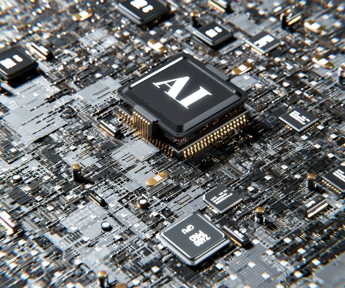 Primer plano de un chip de computadora con la letra A, representando el hardware detrás de los modelos de IA que impulsan la búsqueda generativa