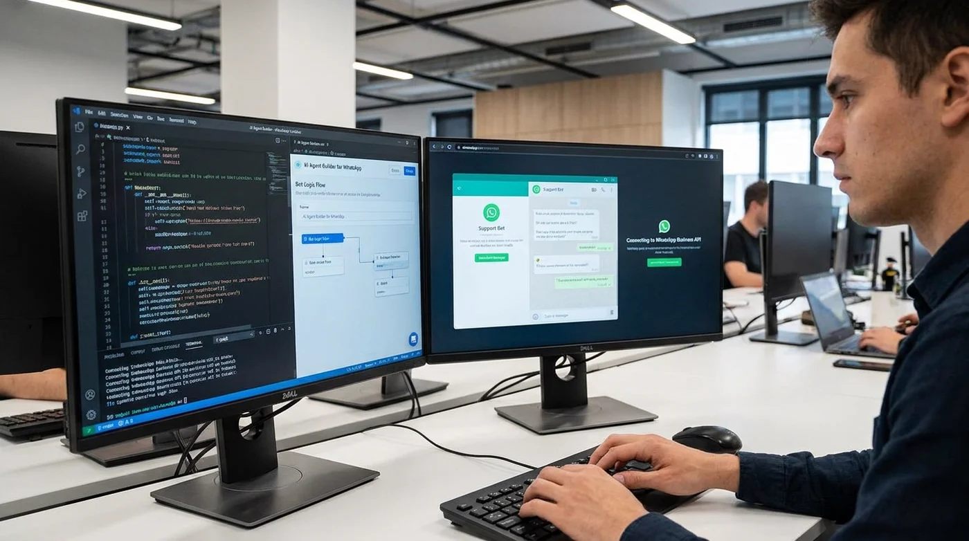 Desarrollador conectando un agente conversacional a la API oficial de WhatsApp Business desde dos monitores