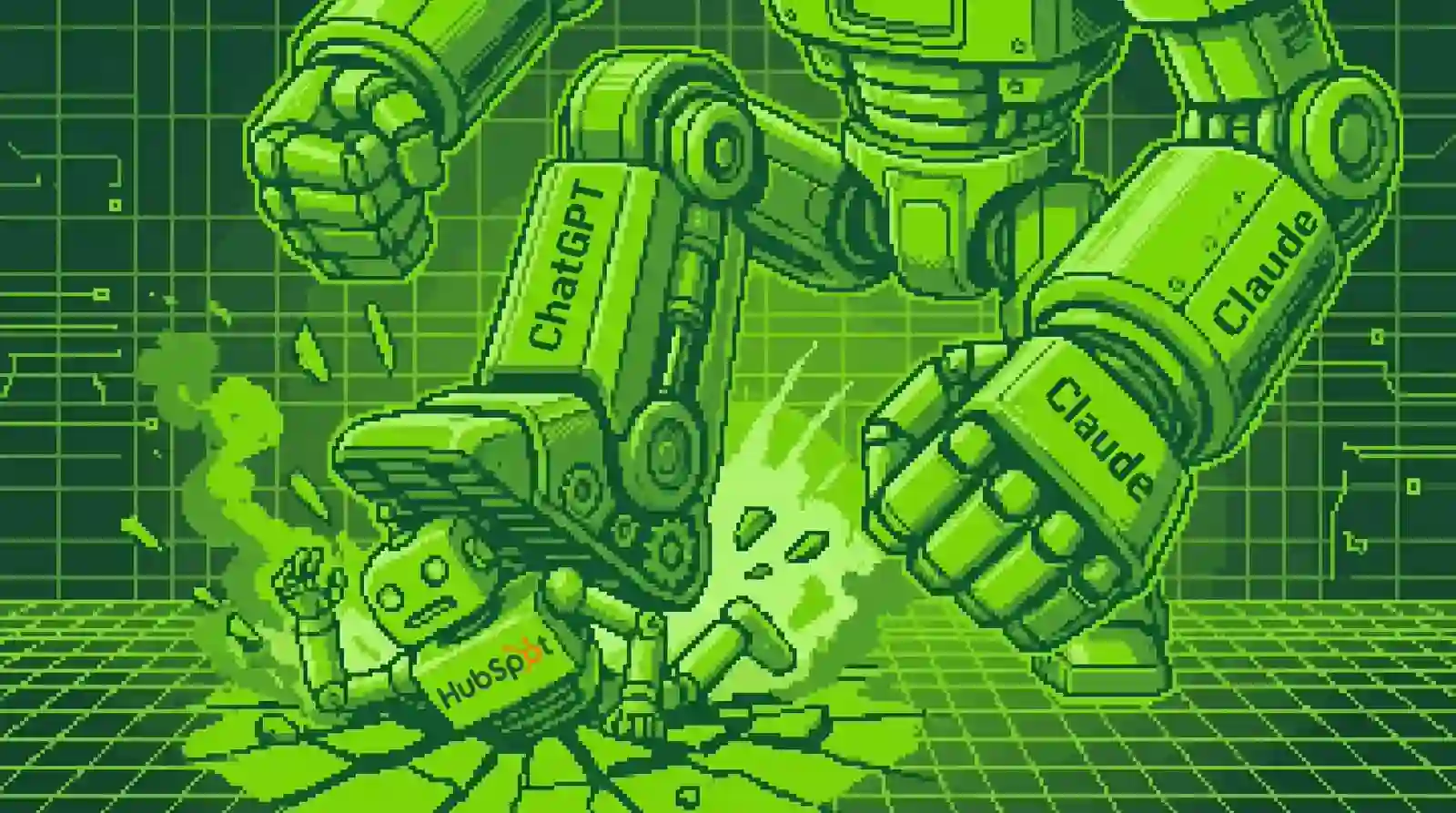 Ilustración pixel art de dos robots gigantes etiquetados como ChatGPT y Claude aplastando a un pequeño robot con el logo de HubSpot, representando cómo la IA está desplazando al software SaaS tradicional