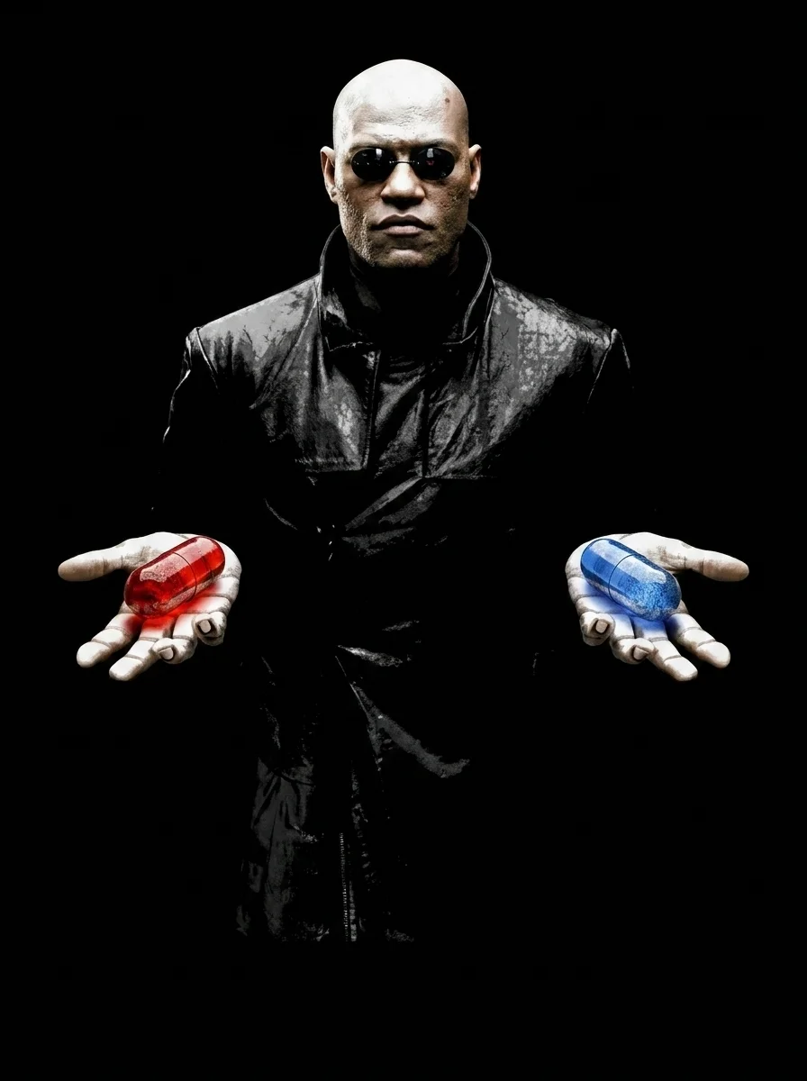 Morfeo ofreciendo la píldora roja y la píldora azul