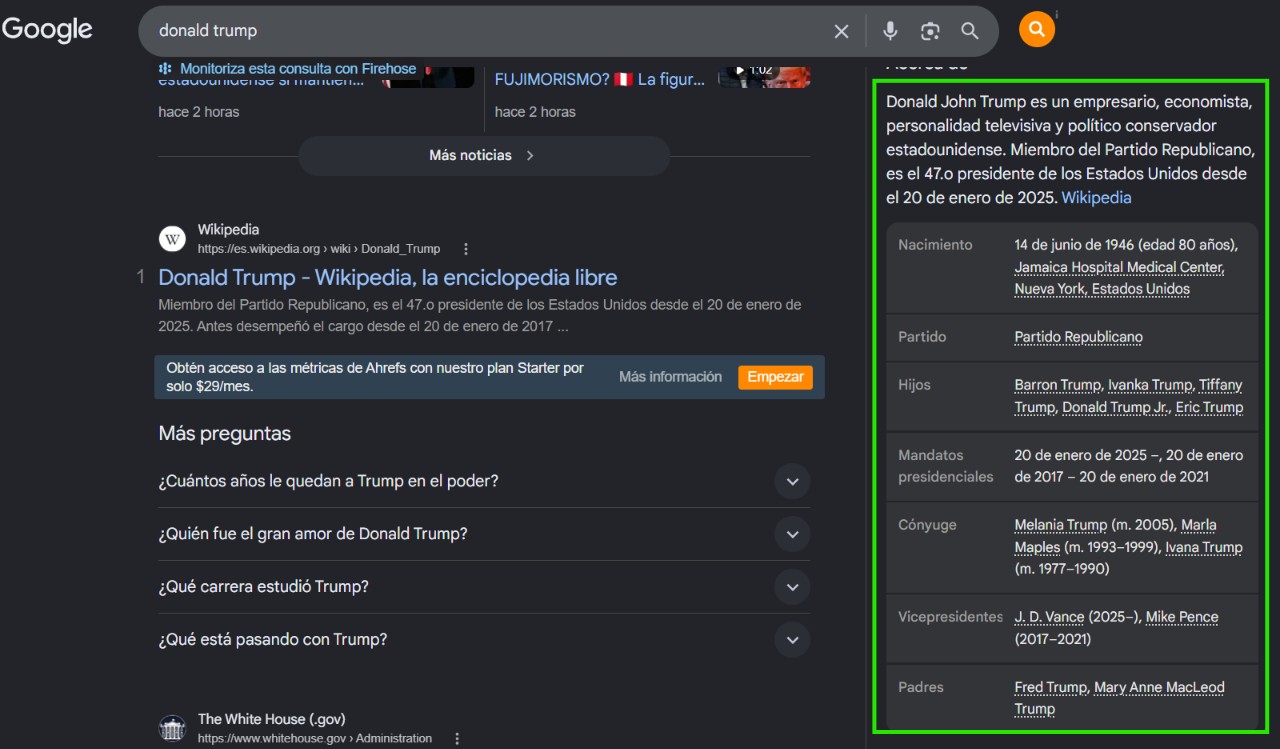 Google Knowledge Panel de una figura pública, mostrando datos estructurados como nacimiento, cargos y relaciones familiares