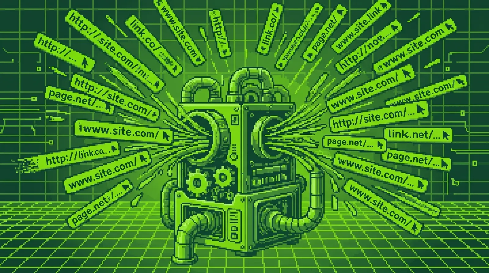 Ilustración pixel art de una máquina disparando decenas de URLs distintas en todas direcciones, representando la generación descontrolada de páginas duplicadas por parámetros